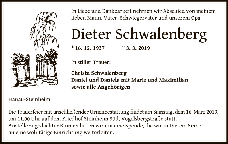  Traueranzeige für Dieter Schwalenberg vom 14.03.2019 aus Offenbach