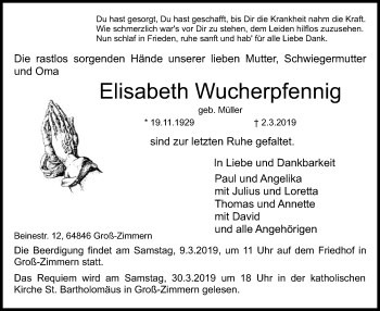 Traueranzeige von Elisabeth Wucherpfennig von Offenbach