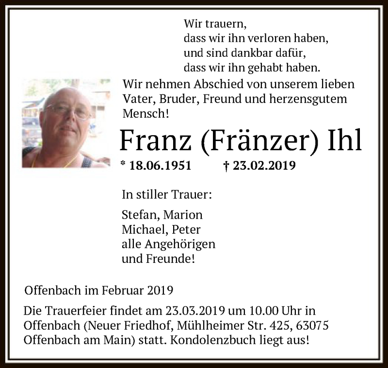  Traueranzeige für Franz Ihl vom 20.03.2019 aus Offenbach