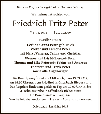 Traueranzeige von Friedrich Fritz Peter von Offenbach