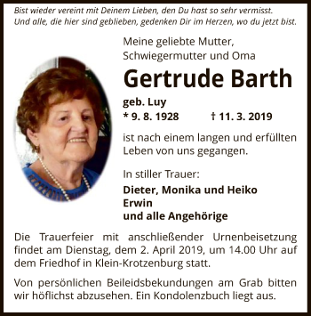 Traueranzeige von Gertrude Barth von Offenbach