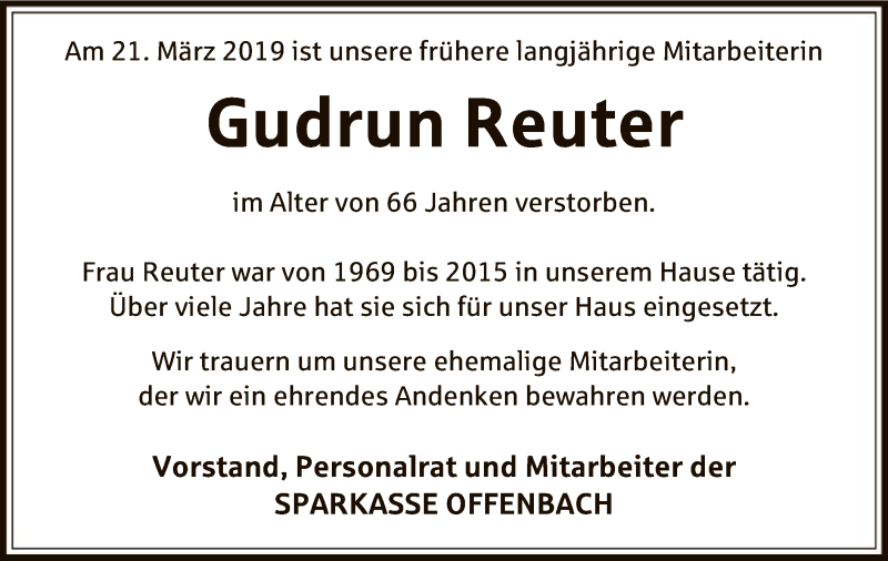  Traueranzeige für Gudrun Reuter vom 27.03.2019 aus Offenbach