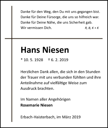 Traueranzeige von Hans Niesen von Offenbach