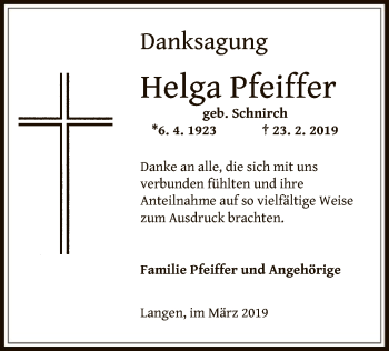 Traueranzeige von Helga Pfeiffer von Offenbach