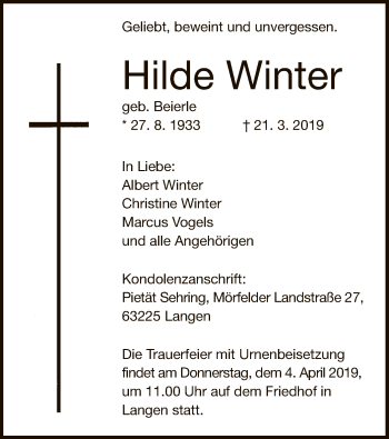 Traueranzeige von Hilde Winter von Offenbach