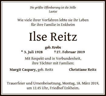 Traueranzeige von Ilse Reitz von Offenbach