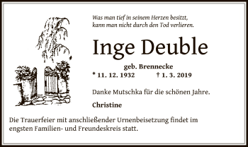 Traueranzeige von Inge Deuble von Offenbach