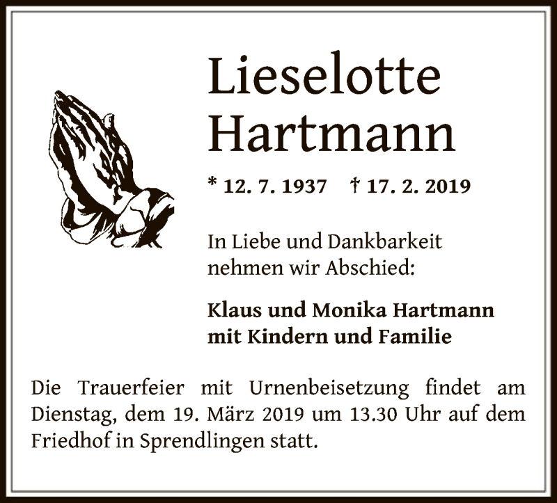  Traueranzeige für Lieselotte Hartmann vom 14.03.2019 aus Offenbach