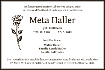 Traueranzeige von Meta Haller von Offenbach