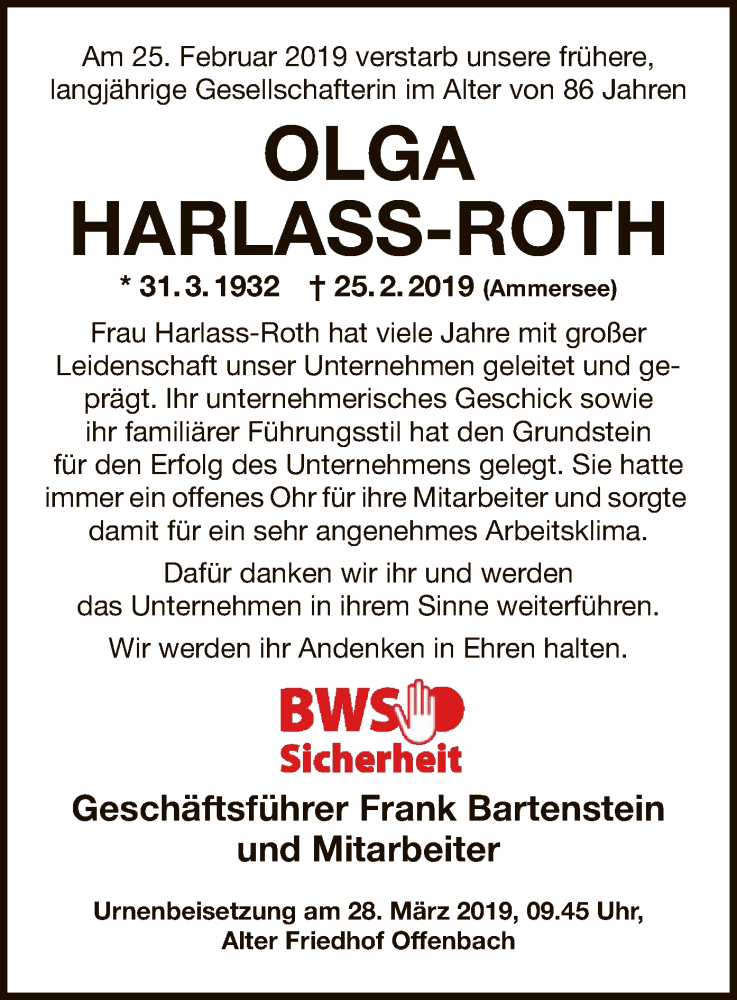  Traueranzeige für Olga Harlass-Roth vom 23.03.2019 aus Offenbach