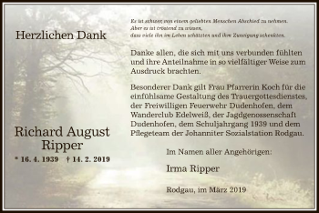 Traueranzeige von Richard August Ripper von Offenbach