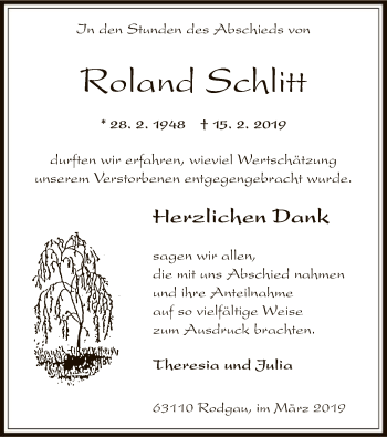 Traueranzeige von Roland Schlitt von Offenbach