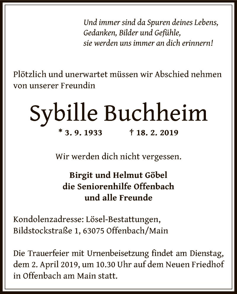  Traueranzeige für Sybille Buchheim vom 23.03.2019 aus Offenbach