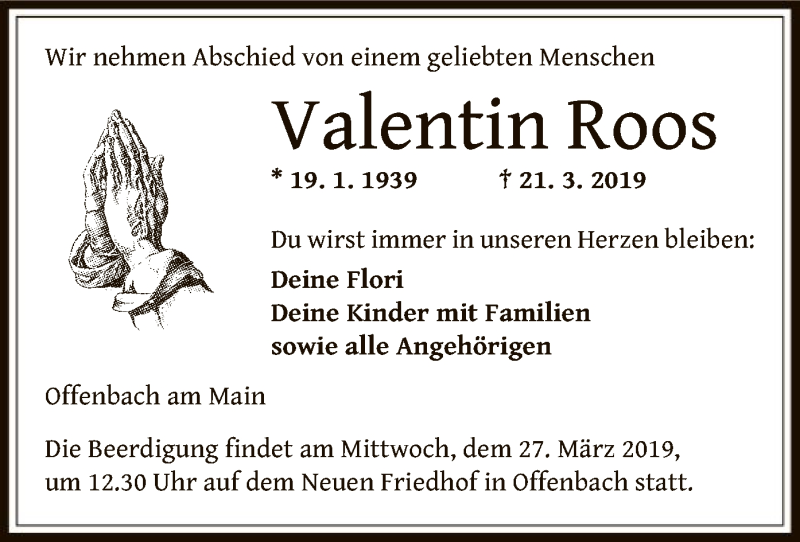  Traueranzeige für Valentin Roos vom 23.03.2019 aus Offenbach