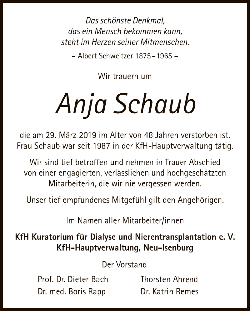  Traueranzeige für Anja Schaub vom 25.04.2019 aus Offenbach