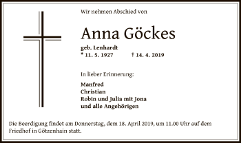 Traueranzeige von Anna Göckes von Offenbach