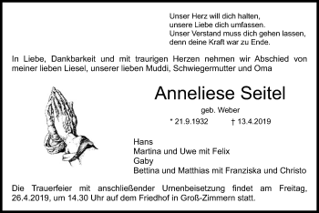 Traueranzeige von Anneliese Seitel von Offenbach