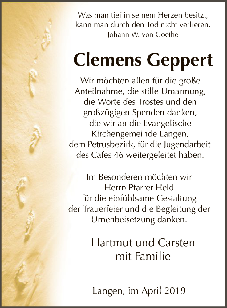  Traueranzeige für Clemens Geppert vom 11.04.2019 aus Offenbach