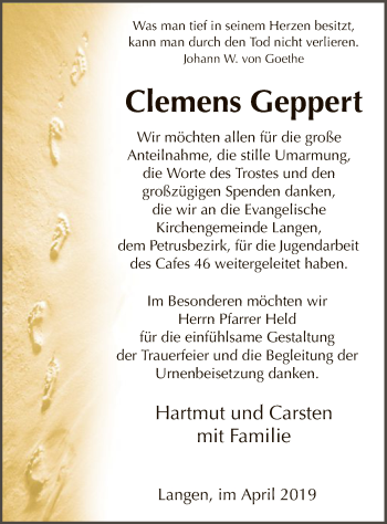 Traueranzeige von Clemens Geppert von Offenbach