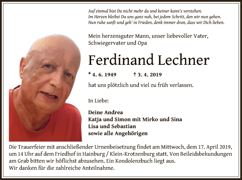  Traueranzeige für Ferdinand Lechner vom 13.04.2019 aus Offenbach