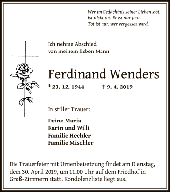 Traueranzeige von Ferdinand Wenders von Offenbach