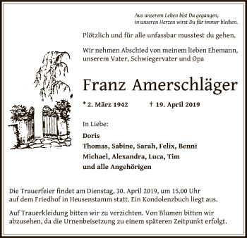 Traueranzeige von Franz Amerschläger von Offenbach