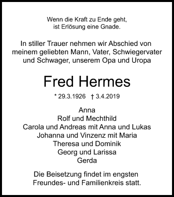 Traueranzeige von Fred Hermes von Offenbach