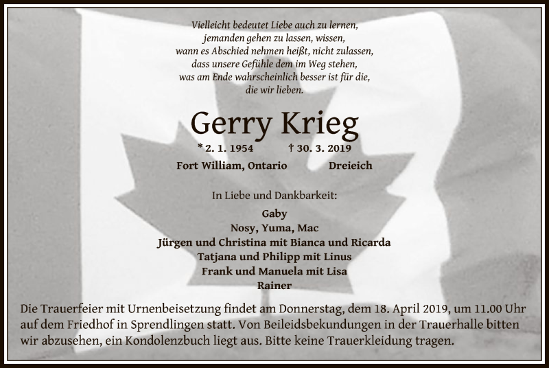  Traueranzeige für Gerry Krieg vom 15.04.2019 aus Offenbach