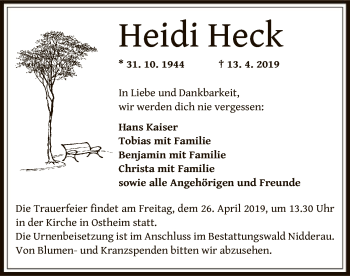 Traueranzeige von Heidi Heck von Offenbach