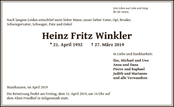 Traueranzeige von Heinz Fritz Winkler von Offenbach