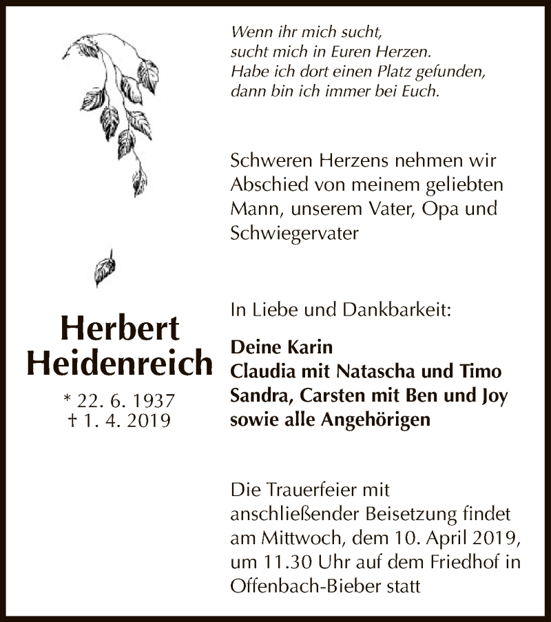  Traueranzeige für Herbert Heidenreich vom 10.04.2019 aus Offenbach