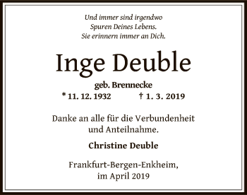 Traueranzeige von Inge Deuble von Offenbach