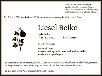 Traueranzeige von Liesel Beike von Offenbach