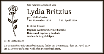 Traueranzeige von Lydia Britzius von Offenbach