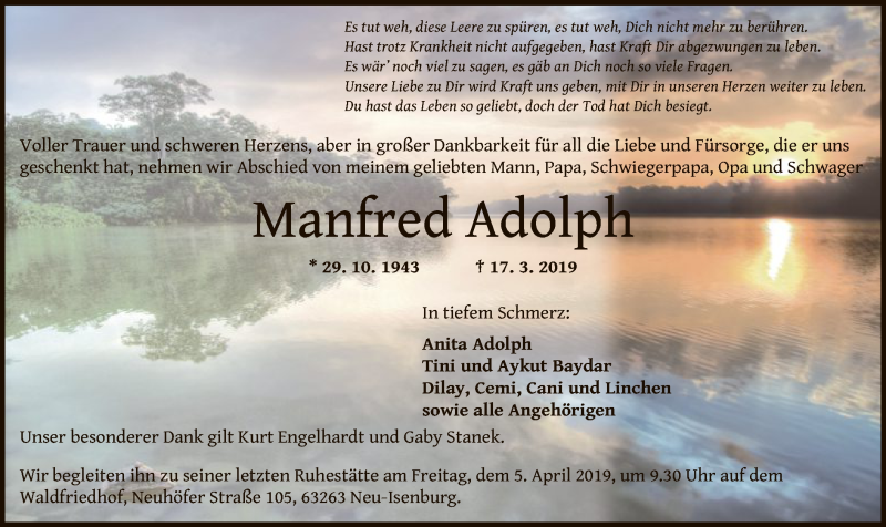 Traueranzeigen Von Manfred Adolph Trauerop Onlinede