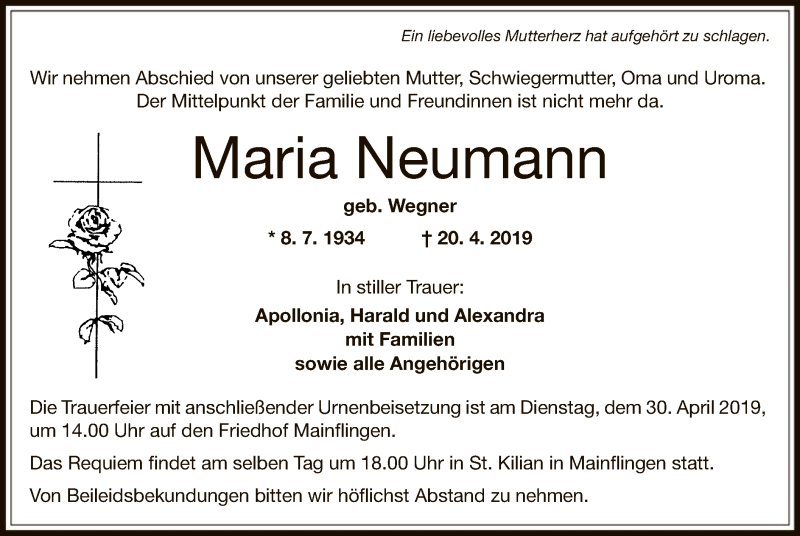  Traueranzeige für Maria Neumann vom 27.04.2019 aus Offenbach