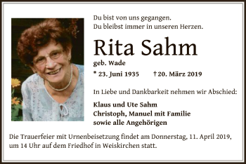 Traueranzeige von Rita Sahm von Offenbach