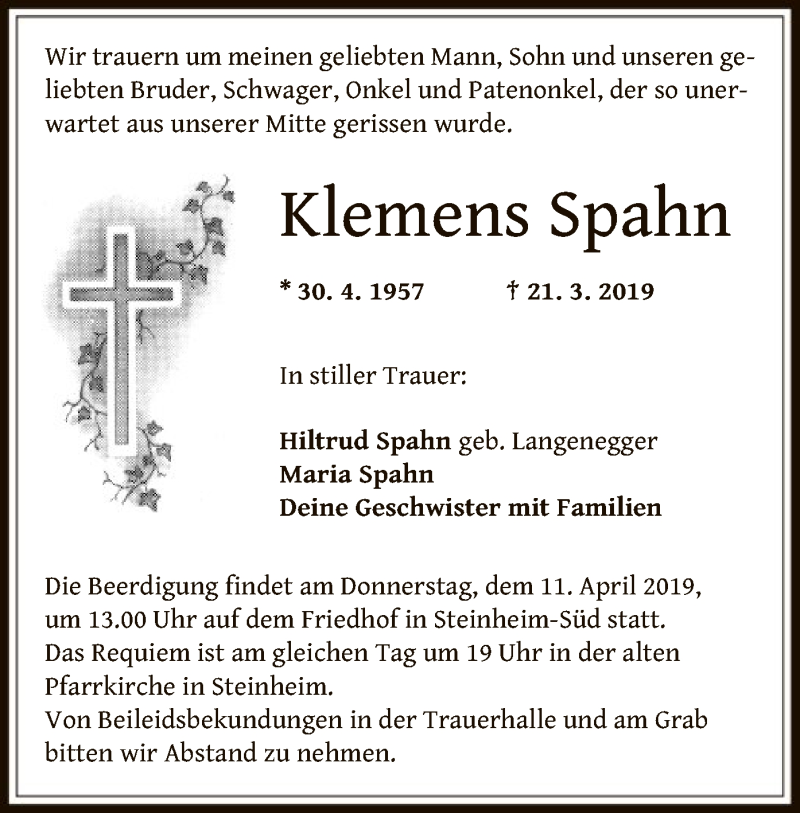  Traueranzeige für Klemens Spahn vom 06.04.2019 aus Offenbach