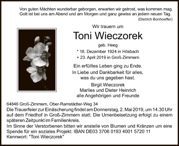 Traueranzeige von Toni Wieczorek von Offenbach