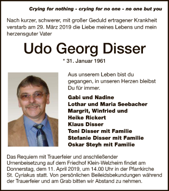 Traueranzeige von Udo Georg Disser von Offenbach