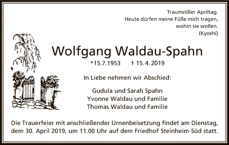  Traueranzeige für Wolfgang Waldau-Spahn vom 25.04.2019 aus Offenbach