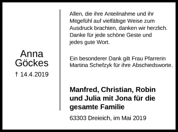 Traueranzeige von Anna Göckes von Offenbach