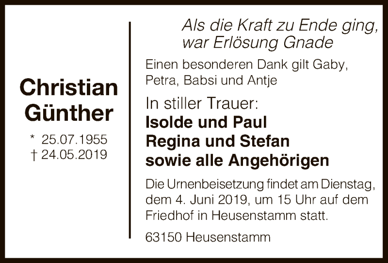  Traueranzeige für Christian Günther vom 29.05.2019 aus Offenbach