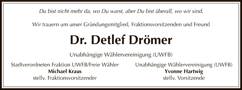  Traueranzeige für Detlef Drömer vom 10.05.2019 aus Offenbach