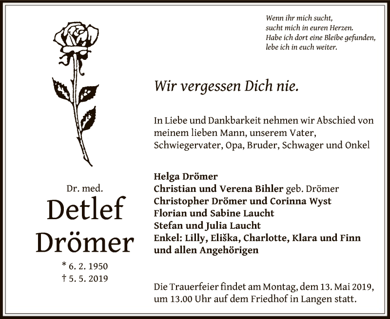  Traueranzeige für Detlef Drömer vom 11.05.2019 aus Offenbach