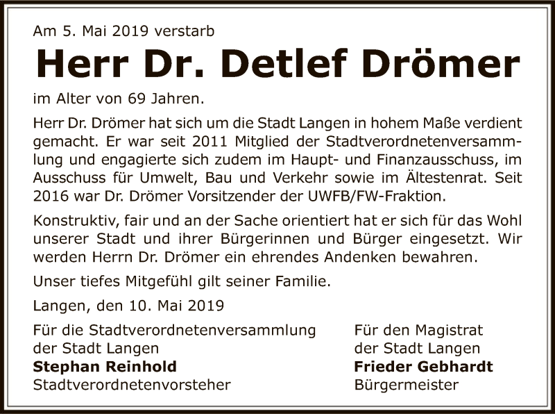  Traueranzeige für Detlef Drömer vom 10.05.2019 aus Offenbach