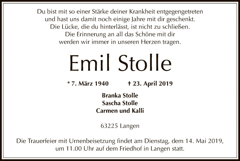  Traueranzeige für Emil Stolle vom 03.05.2019 aus Offenbach