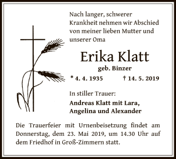 Traueranzeige von Erika Klatt von Offenbach