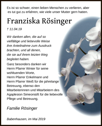 Traueranzeige von Franziska Rösinger von Offenbach