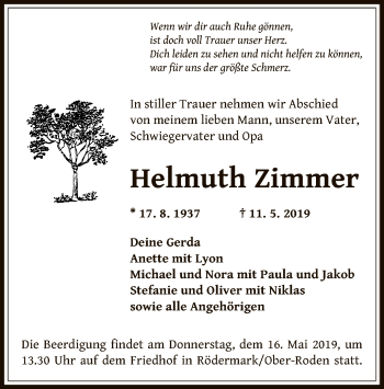 Traueranzeige von Helmuth Zimmer von Offenbach